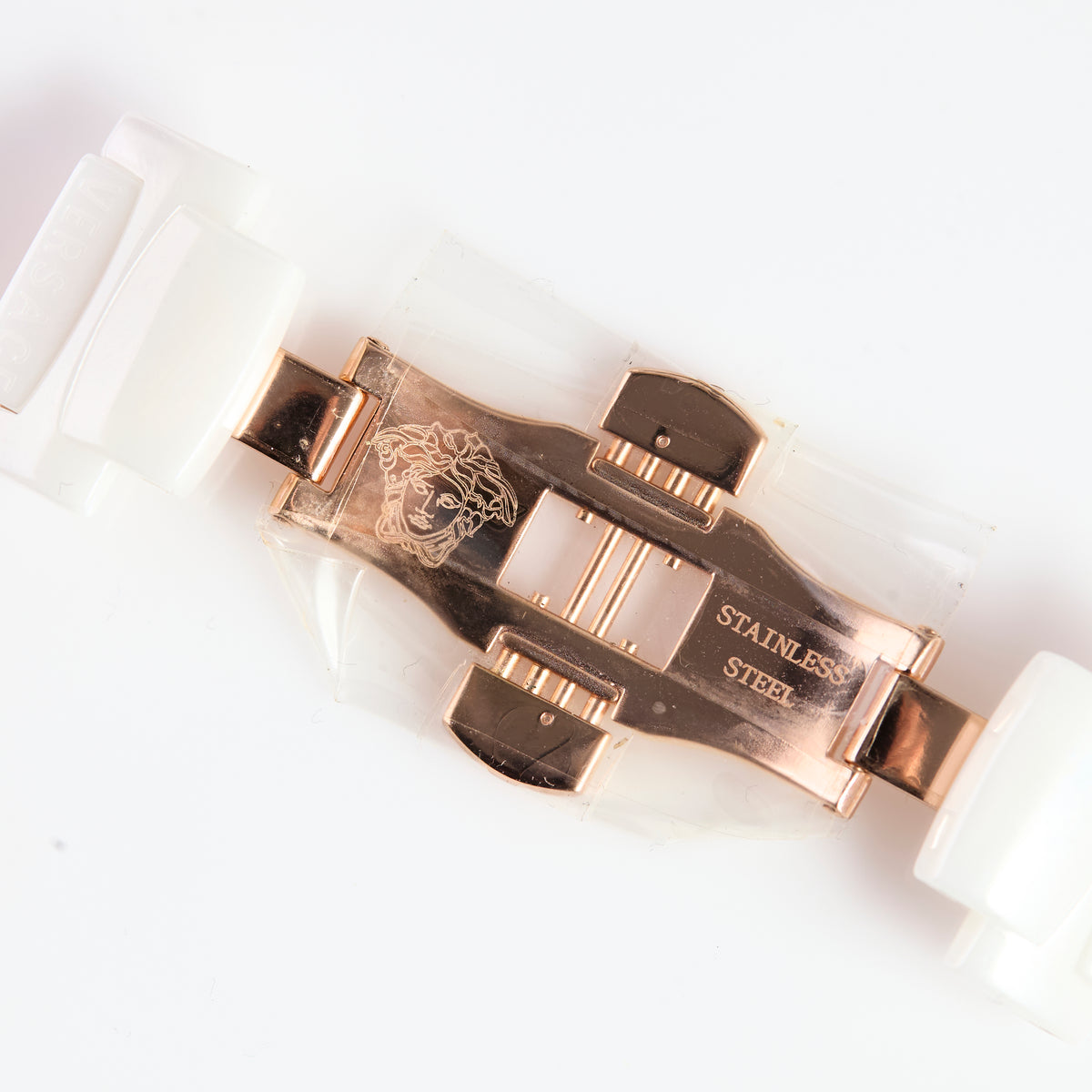 Versace White Ceramic Watch Bracelet Clasp Rose Gold Tone Medusa Deployment
