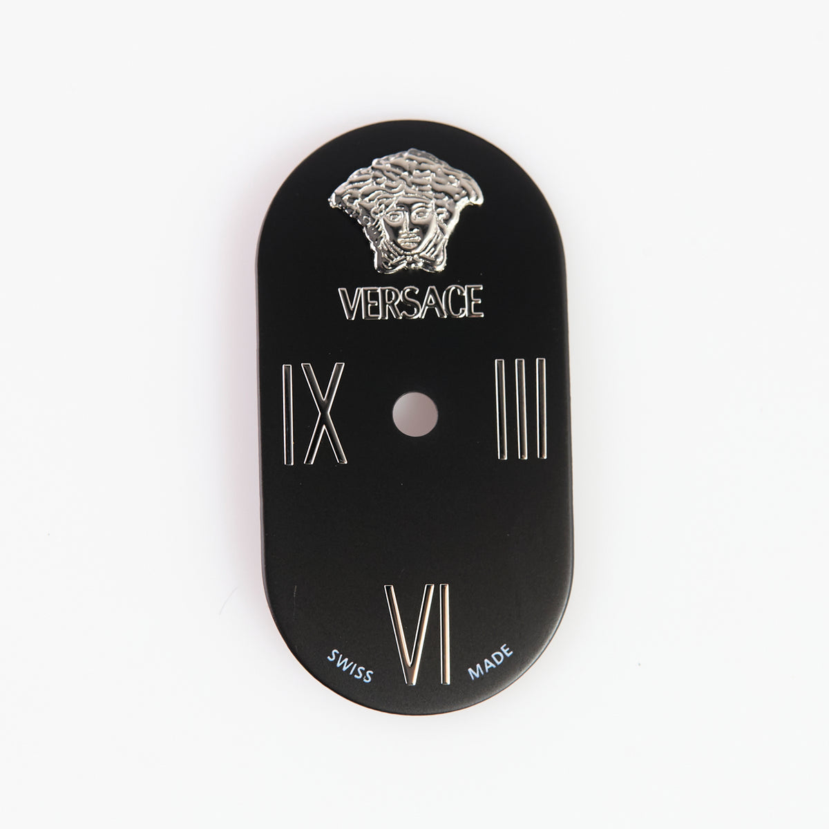 Versace ladies’ oval watch dial, model VERX0049, featuring a black dial