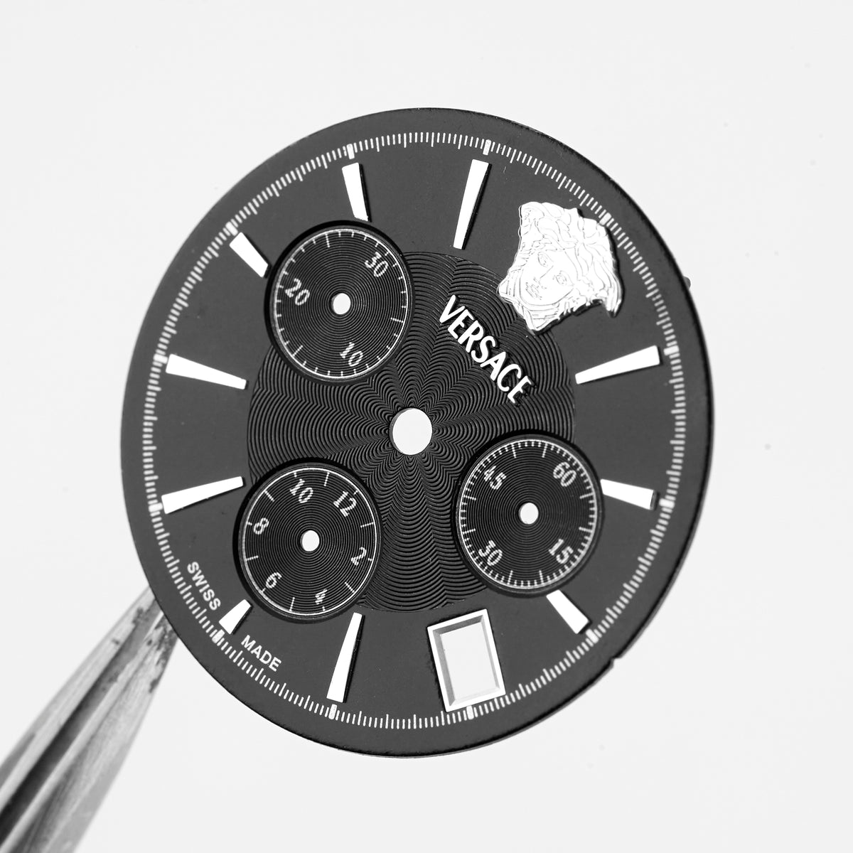 Versace Swiss Made Chronograph Watch Dial Black Silver Medusa Logo Replacement