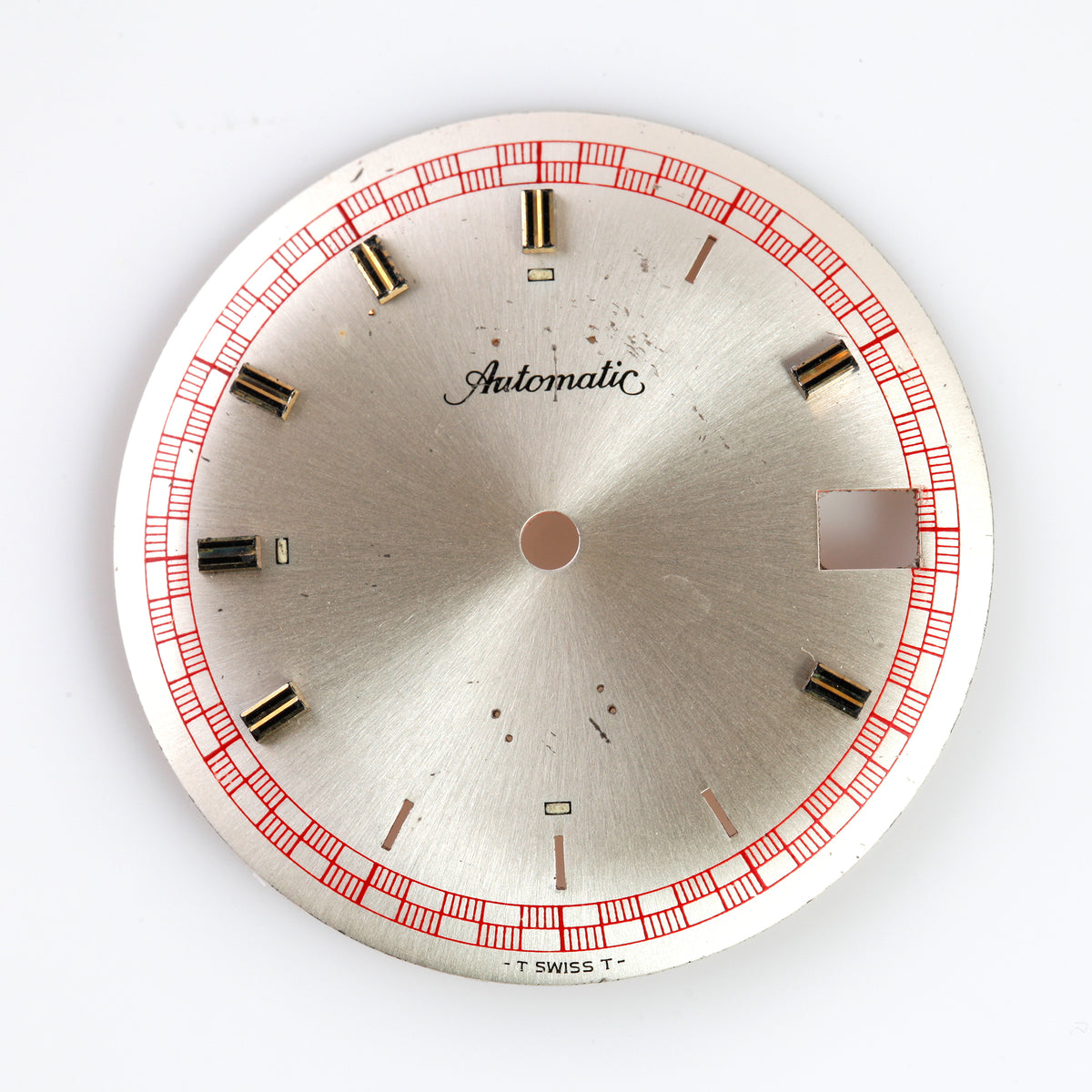 Vintage Automatic Watch Dial 30.69mm Silver Sunburst Red Track Swiss Parts