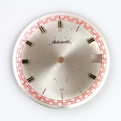 Vintage Automatic Watch Dial 30.69mm Silver Sunburst Red Track Swiss Parts