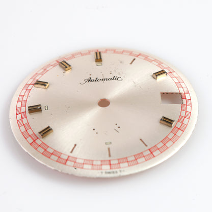 Vintage Automatic Watch Dial 30.69mm Silver Sunburst Red Track Swiss Parts