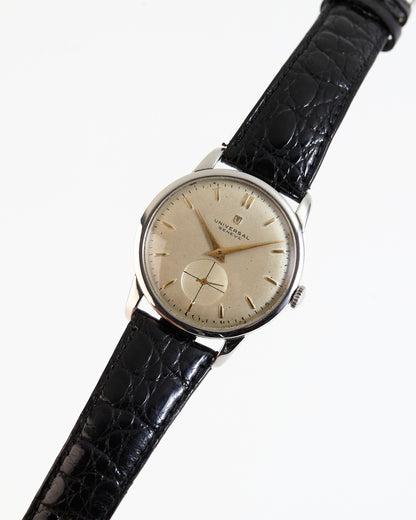 Vintage Universal Genève Swiss Watch Champagne Dial Small Seconds Black Leather Strap