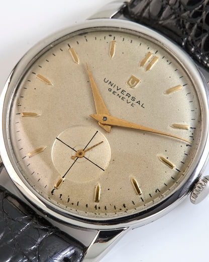 Vintage Universal Genève Swiss Watch Champagne Dial Small Seconds Black Leather Strap
