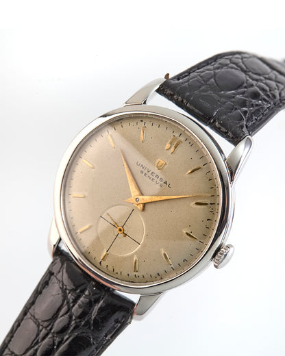 Vintage Universal Genève Swiss Watch Champagne Dial Small Seconds Black Leather Strap