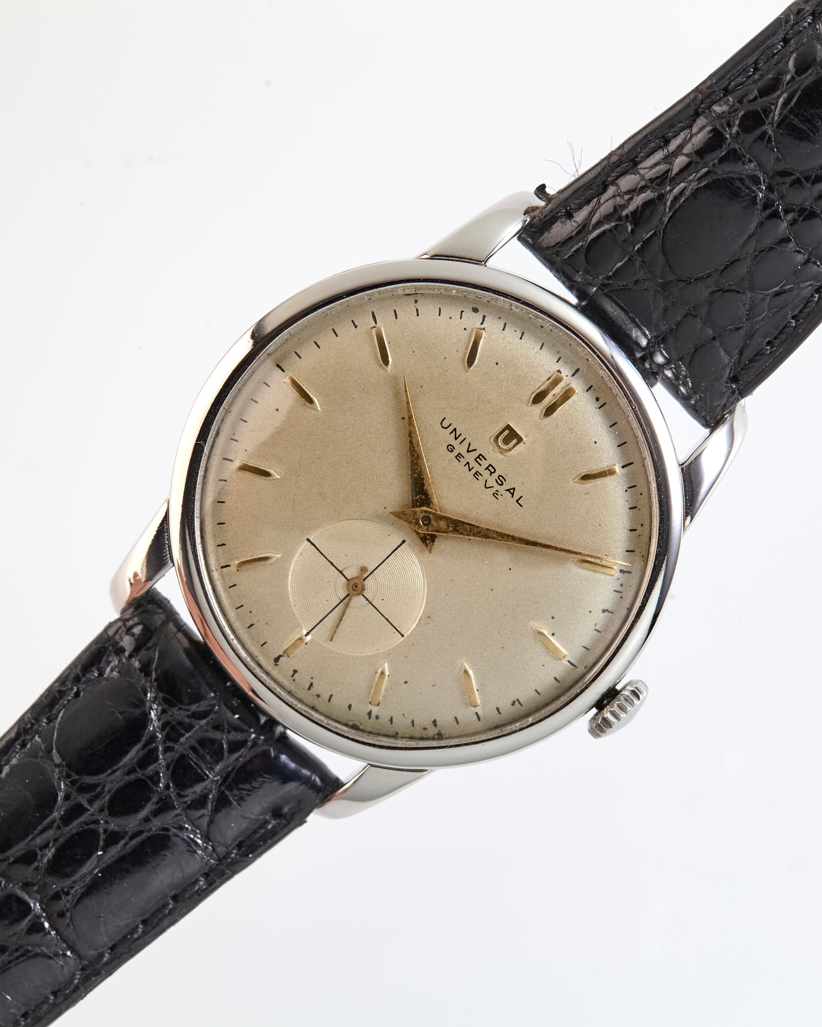 Vintage Universal Genève Swiss Watch Champagne Dial Small Seconds Black Leather Strap