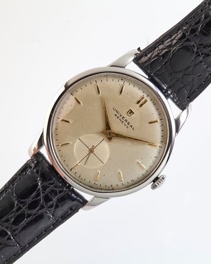 Vintage Universal Genève Swiss Watch Champagne Dial Small Seconds Black Leather Strap