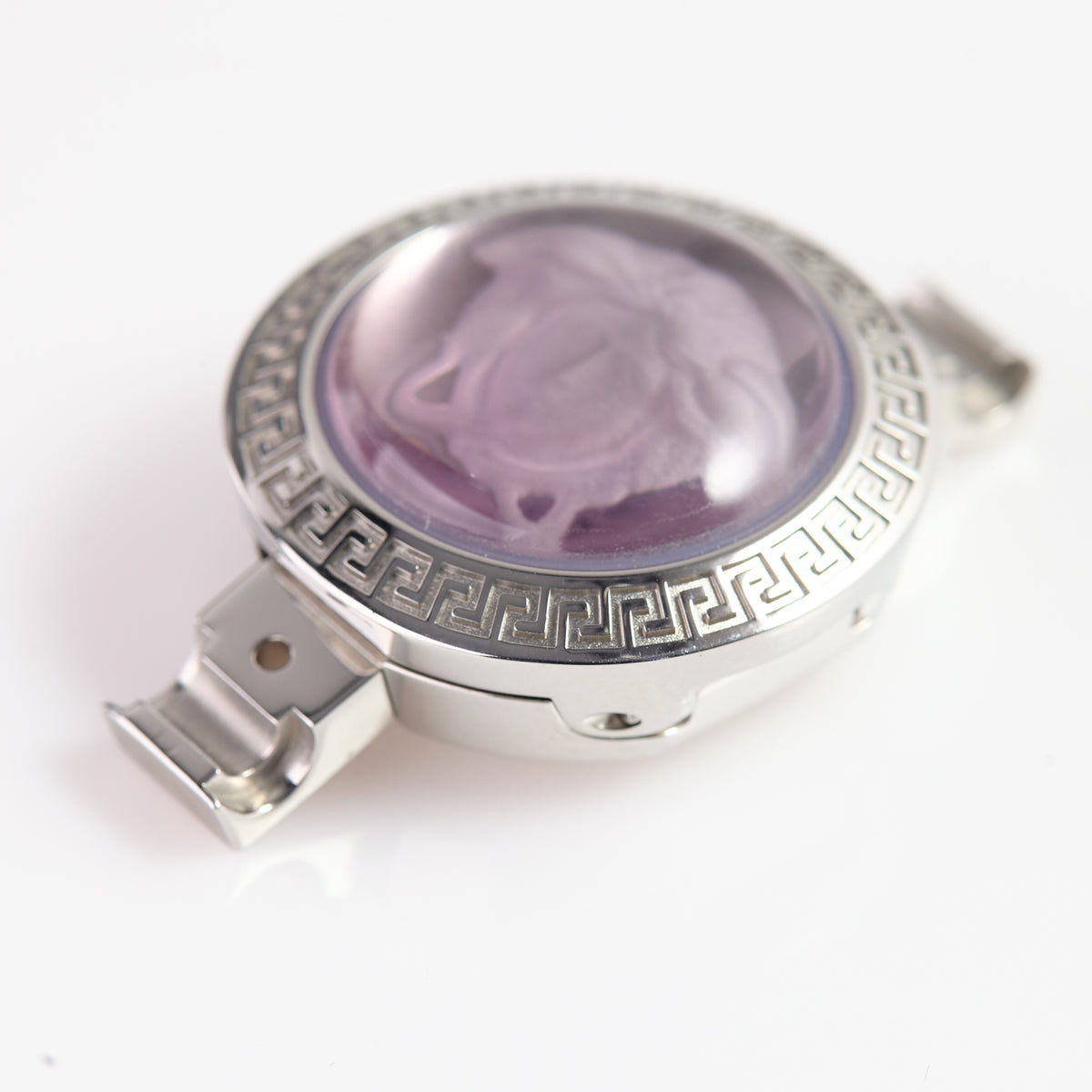 Versace Stainless Steel Watch Case with Violet Medusa Crystal – Greek Key Bezel, Swiss Made