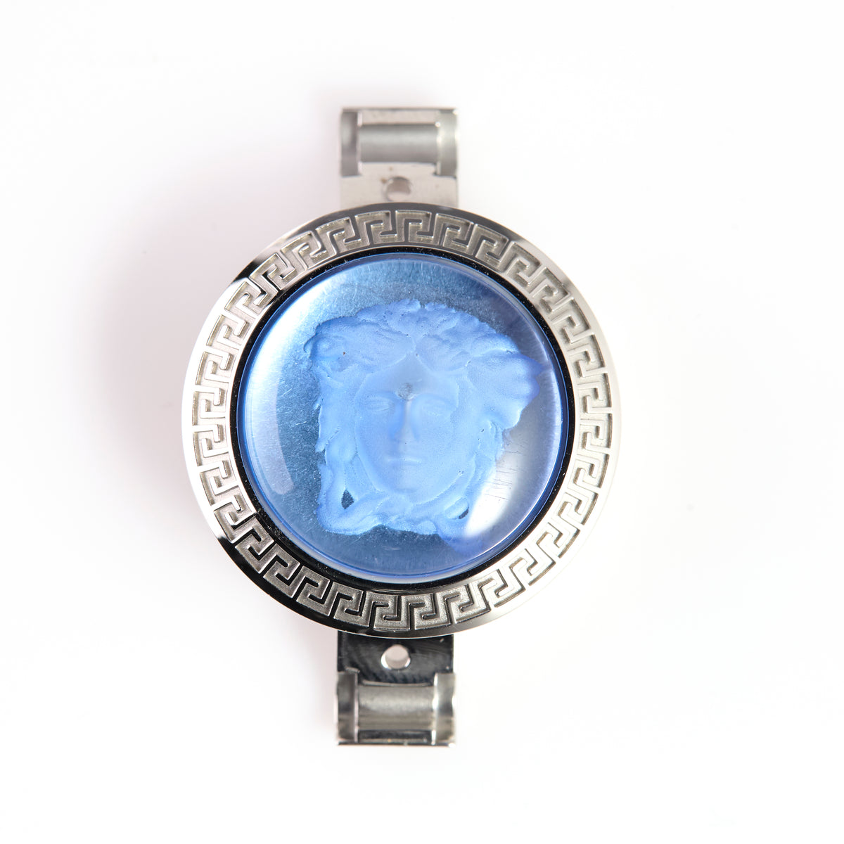 Versace Stainless Steel Watch Case with Blue Medusa Crystal – Greek Key Bezel, Swiss Made