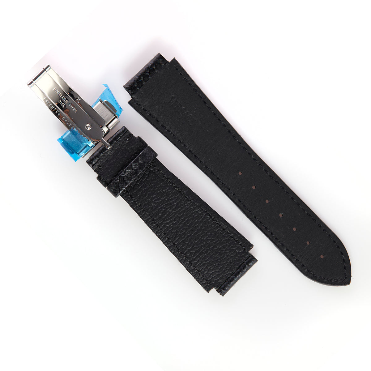 Versace BRFLQ009 Black Textured Leather Watch Strap with Deployment Clasp – 22mm
