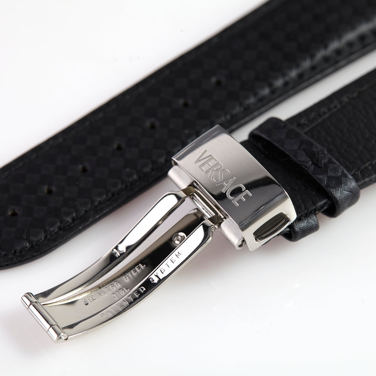Versace BRFLQ009 Black Textured Leather Watch Strap with Deployment Clasp – 22mm