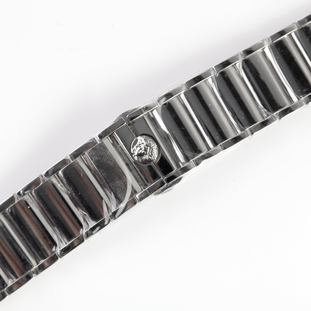 Versace Stainless Steel Watch Bracelet Band – Medusa Logo Clasp, Polished Silver Links
