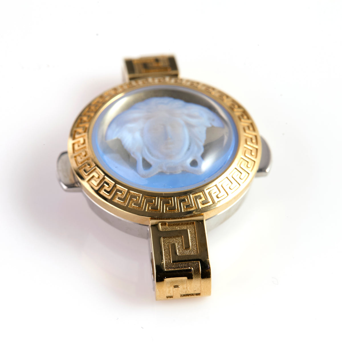 Versace Gold-Tone Stainless Steel Watch Case – Medusa Crystal Dial, Greek Key Bezel