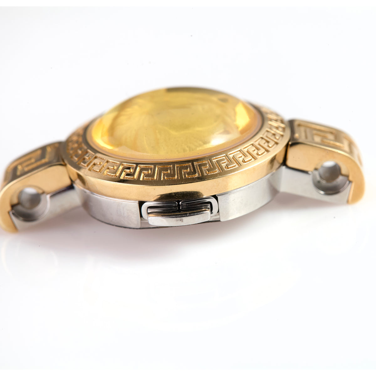 Versace Gold-Tone Stainless Steel Watch Case – Medusa Crystal Dial, Greek Key Bezel