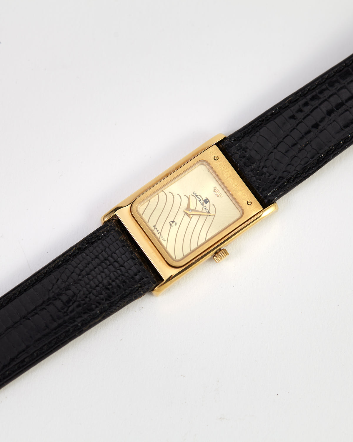 Vintage Universal Geneve Gold Tone Rectangular Dress Watch Wave Dial Swiss Made